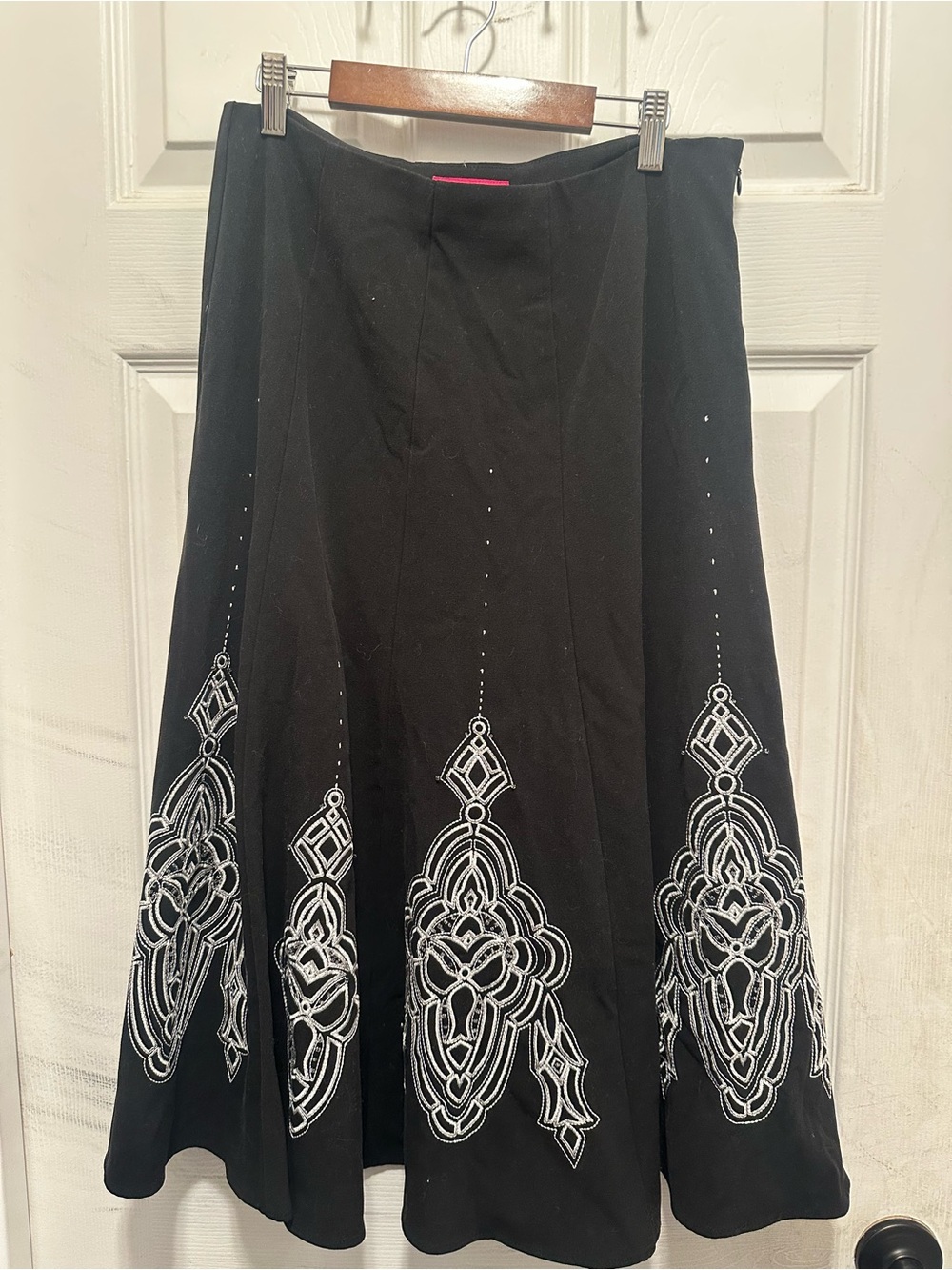 Sunny Leigh Black A-Line Skirt with White Embroidered Motifs
